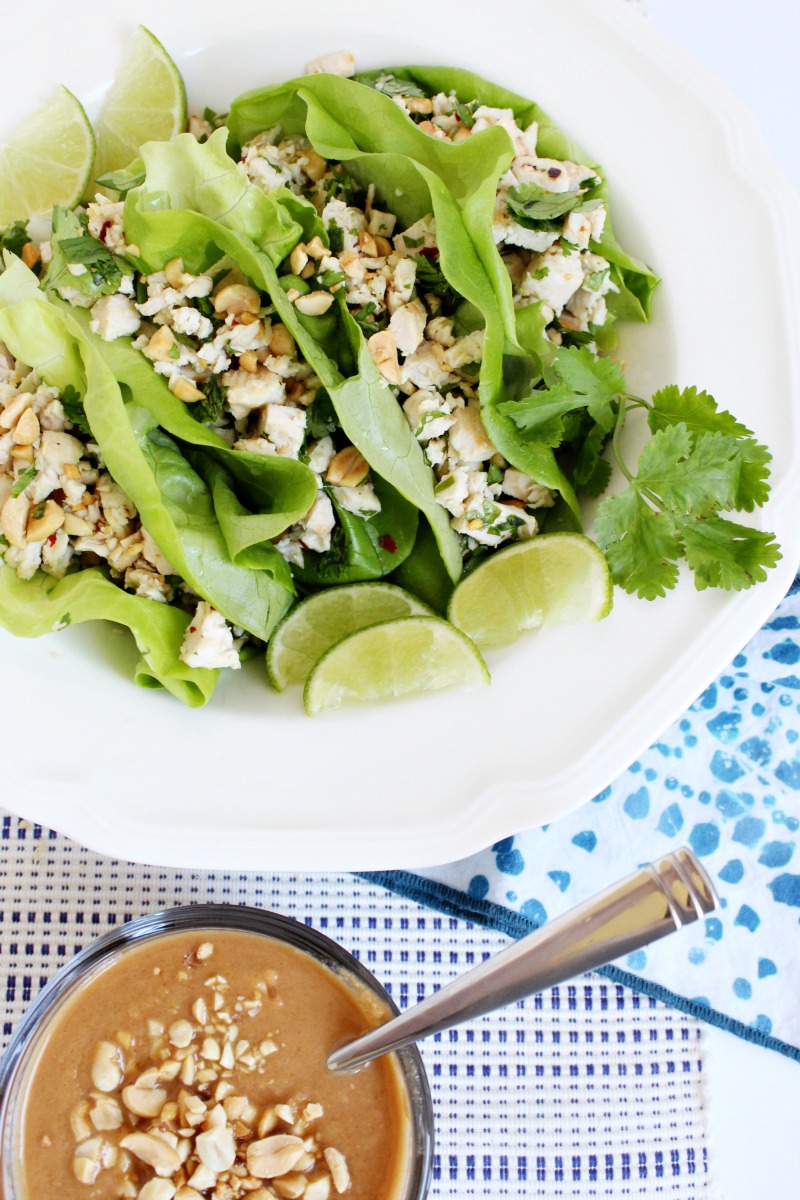 Platter of Thai Chicken Lettuce Wraps with Peanut Sauce