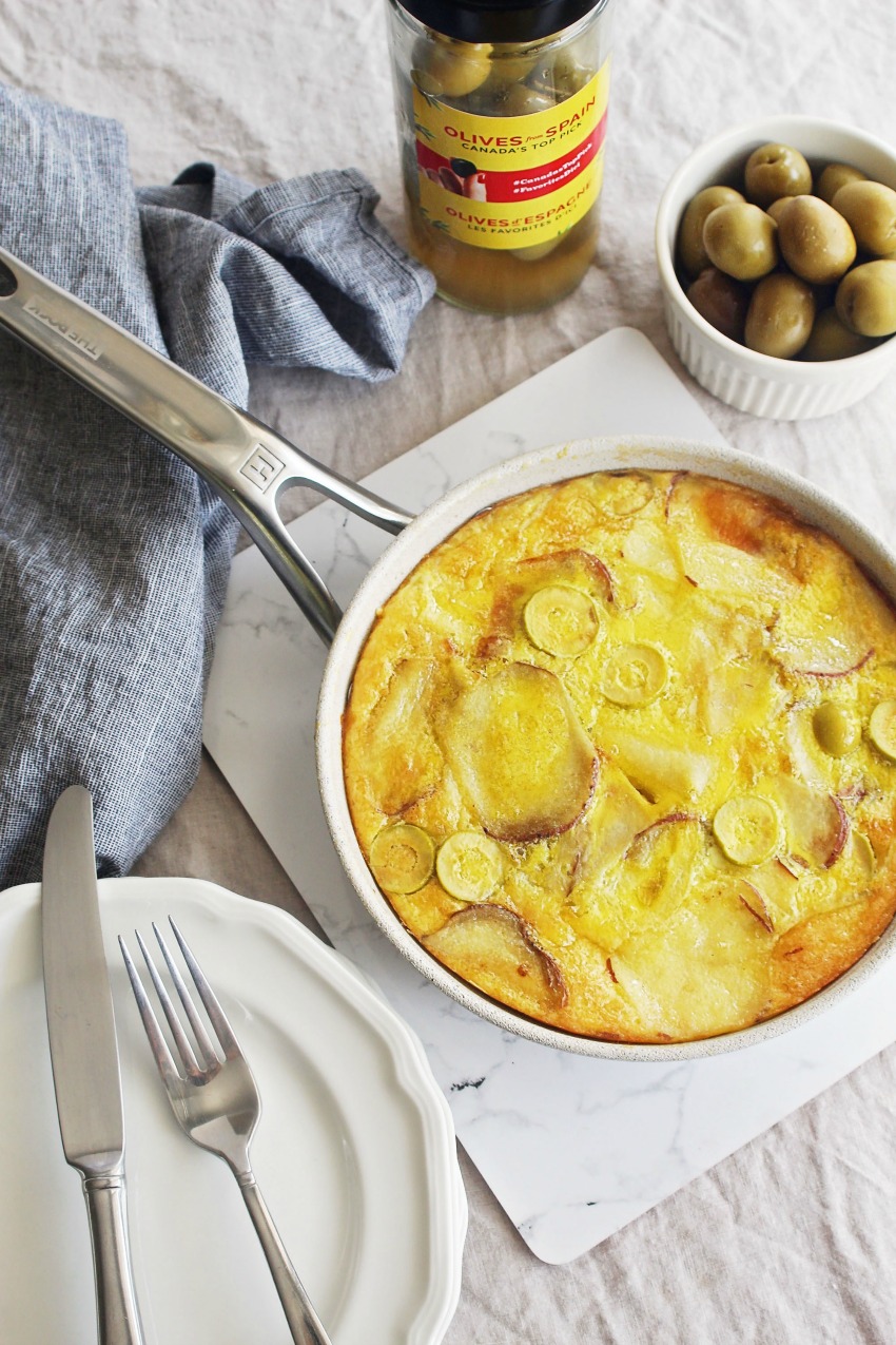 A Melt-In-Your Mouth Spanish Omelette Made with Olives from Spain, Red Potatoes, and Manchego Cheese