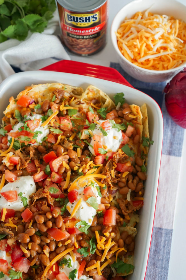 Pulled Pork Nachos Topped With Baked Beans