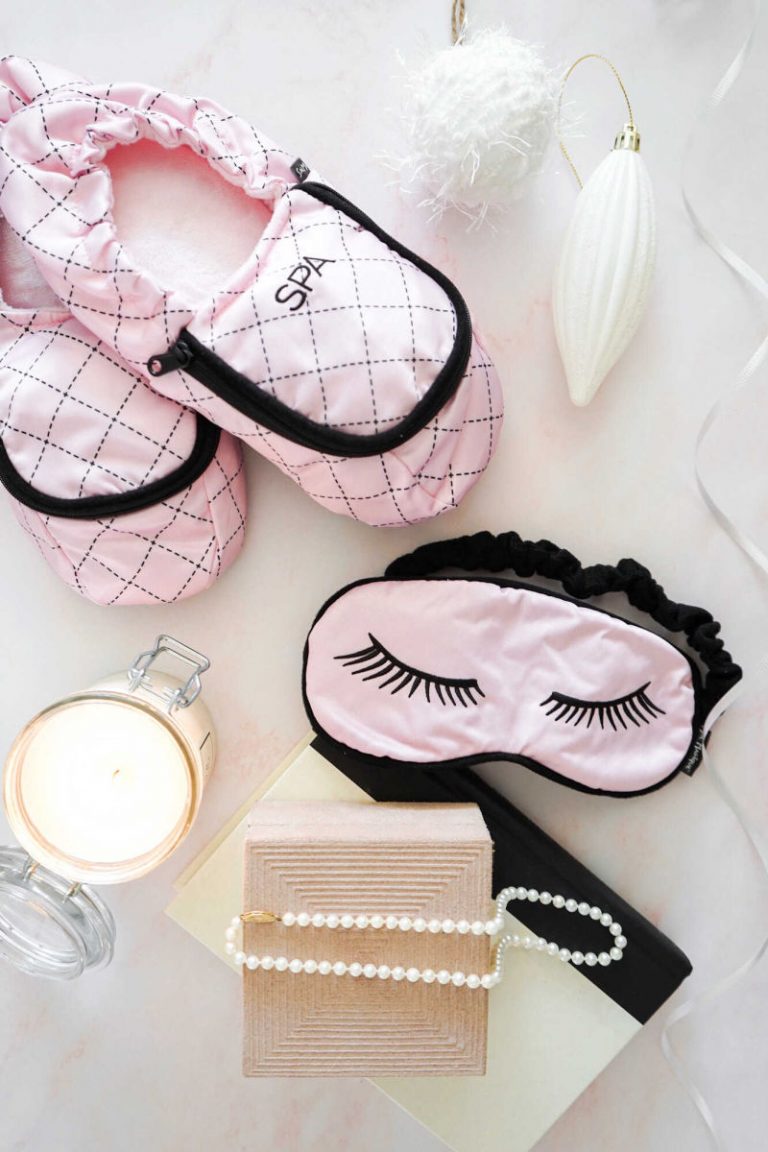 pink slippers and pink sleep mask