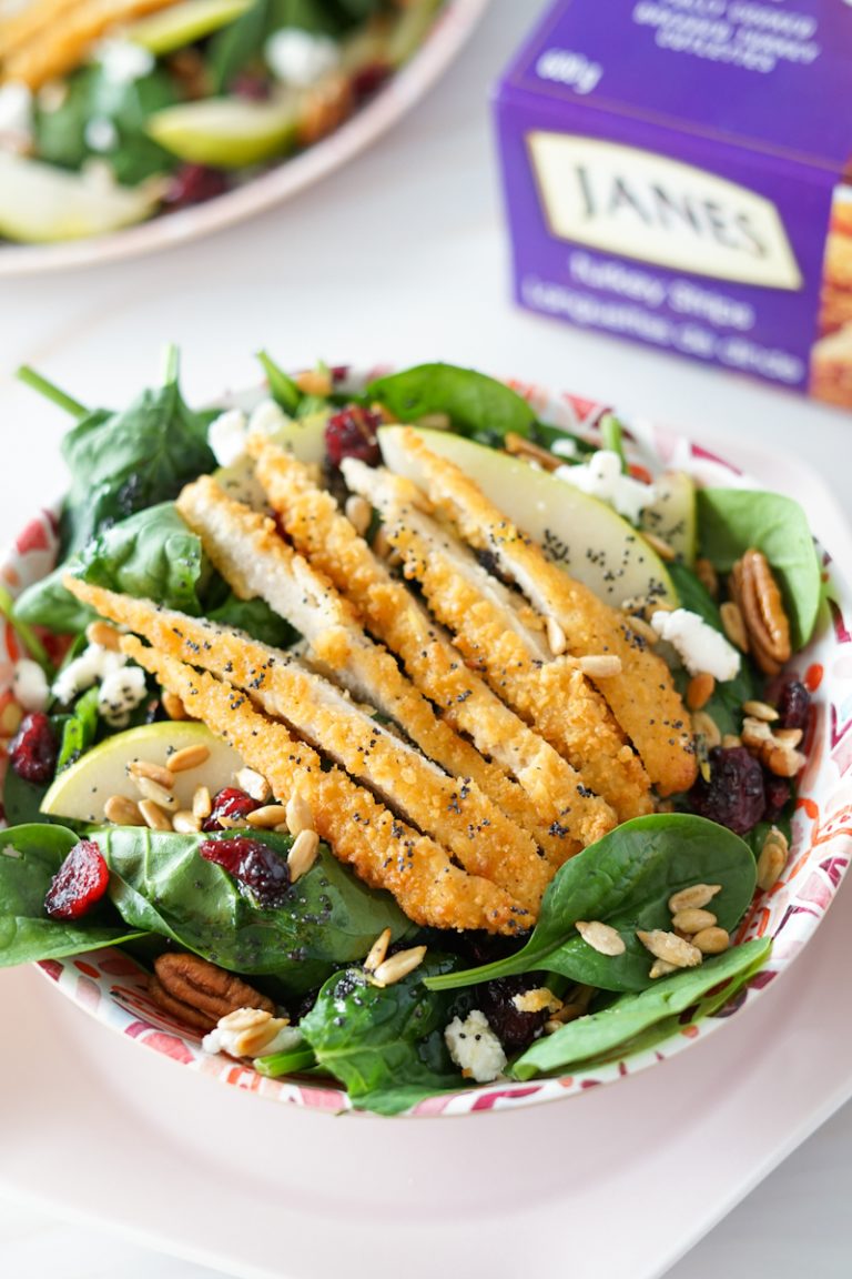 Crispy Turkey Strip Salad with Pears, Pecans, and Cranberries